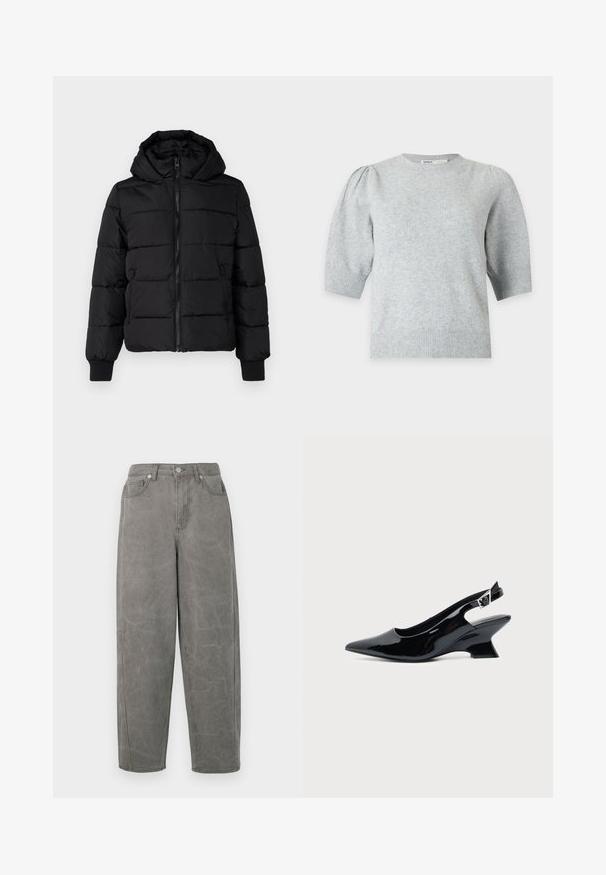 Chaqueta acolchada negra con capucha, cierre de cremallera al frente y puños elásticos. Tejido suave con secciones acolchadas; dos bolsillos laterales para almacenamiento.; Jersey corto de punto gris claro con hombros abullonados y puños y bajo acanalados, cuello redondo, vista frontal.; Pantalones de denim gris con un ajuste relajado, cintura alta, diseño de cinco bolsillos y un ligero desgastado. Presentan una cremallera y un cierre de botón metálico.; Zapato slingback de cuero charol negro con puntera puntiaguda y tacón bajo en bloque inclinado sobre fondo claro liso.