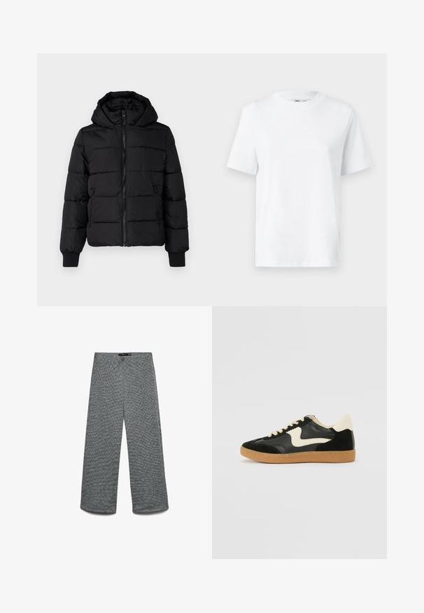 Schwarze gepolsterte Jacke mit Kapuze, Reißverschluss vorne und elastischen Bündchen. Glattes Gewebe mit gesteppten Abschnitten; zwei Seitentaschen für Stauraum.; Weißes Baumwoll-T-Shirt mit Rundhalsausschnitt, kurzärmlig und mit glatter Textur. Entworfen mit einer lockeren Passform für Komfort und Vielseitigkeit.; Weite Hose aus einem strukturierten grauen Strickstoff. Mit hohem Bund und geraden Beinen für eine entspannte Passform.; Schwarze Wildleder- und Leder-Sneaker mit einem cremefarbenen Seiten-Swoosh und einer hellcremefarbenen Ferse. Ausgestattet mit beige Schnürsenkeln und einer Gummilaufsohle.