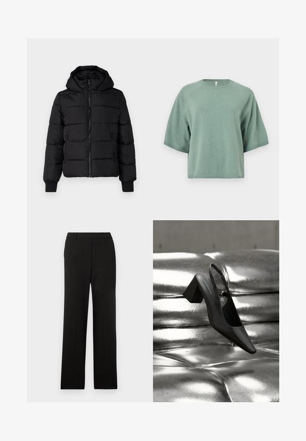 Sort polstret jakke med hætte, lynlås foran og elastiske manchetter. Glat stof med quiltede sektioner; to sidelommer til opbevaring.; Lysegrøn kortærmet strikket sweater med rund halsudskæring og raglanærmer. Glat tekstur, ribbet kant, afslappet pasform, minimalistisk design.; Sorte, skræddersyede bukser med lige ben design, præsenterer en flad front, ingen lommer og en glat stofstruktur.; Sort slingback-hæl med spids tå, der har en tekstureret overflade og en chunky blokhæl. Lagt mod en skinnende, metallisk baggrund.