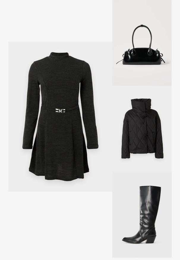 Schwarze gesteppte Pufferjacke mit hohem Kragen, ausgestattet mit Kordelzugverschlüssen und zwei Fronttaschen. Weicher Textil und oversized Schnitt.; Langärmliges, schwarzes Kleid mit hohem Kragen, tailliertem Schnitt mit silbernem Akzent und einem ausgestellten Rock mit glatter Textur.; Schwarze Leder-Stiefel bis zum Knie mit spitzem Zeh, angularer Ferse und glatter Textur. Verfügt über einen dezenten gesteppten Akzent an der Seite.; Kleine schwarze glänzende Handtasche mit zwei langen Griffen und seitlichen Kordelzug-Details vor einfachem hellem Hintergrund.