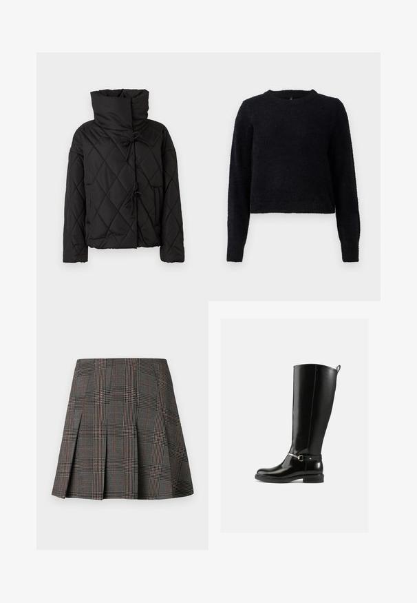 Sort quiltet pufferjakke med høj krave, featuring snorelukninger og to forsidelommer. Blød tekstur og oversized pasform.; Sort strikket sweater med lange ærmer, rund halsudskæring og en blød, tekstureret finish. Designet har en cropped snit og ribbet kant.; Gråternet nederdel med plisseringer, prydet med intrikate mønstre i sort og hvid, akkompagneret af tynde røde linjer. Fremstillet af et struktureret stof.; Sorte knæhøje støvler lavet af blankt læder med en sølvfarvet spænde ved anklen og rundet snude. Flad sål.