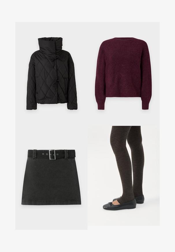 Chaqueta de plumas acolchada negra con un alto cuello, que presenta cierres ajustables y dos bolsillos frontales. Textura suave y ajuste oversize.; Suéter burdeos con un patrón de punto texturizado, cuello redondo y mangas largas con puños de canalé. Material suave con un corte holgado.; Falda mini de mezclilla negra con un cinturón a juego que cuenta con una hebilla metálica y pasadores, exhibida plana sobre un fondo blanco.; Piernas con leggings oscuros acanalados combinados con bailarinas negras que presentan pequeños detalles de lazo sobre un fondo blanco.