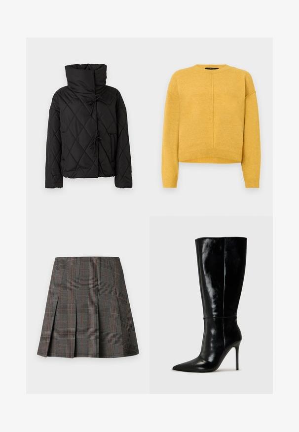 Sort quiltet pufferjakke med høj krave, featuring snorelukninger og to forsidelommer. Blød tekstur og oversized pasform.; Gul strikket sweater med rund halsudskæring, sænkede skuldre og ribbet kant. Blød tekstur og et simpelt, lige snit.; Gråternet nederdel med plisseringer, prydet med intrikate mønstre i sort og hvid, akkompagneret af tynde røde linjer. Fremstillet af et struktureret stof.; Sorte læderknælange støvler med spids tå og høj stilettohæl. Glat tekstur og slank design, med minimalt detaljer.