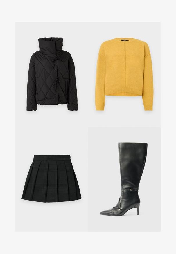 Chaqueta de plumas acolchada negra con un alto cuello, que presenta cierres ajustables y dos bolsillos frontales. Textura suave y ajuste oversize.; Suéter amarillo de punto con cuello redondo, hombros caídos y dobladillo acanalado. Textura suave y un diseño simple de corte recto.; Falda corta de pliegues negra hecha de tela texturizada. Presenta una cinturilla y un sutil patrón de cuadros en toda la prenda. Longitud corta con pliegues en capas.; Botas negras de cuero hasta la rodilla con tacón delgado, punta afilada y detalles de diseño con correas en el tobillo. Textura suave y diseño ajustado.
