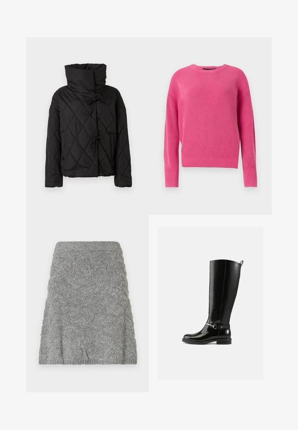 Chaqueta de plumas acolchada negra con un alto cuello, que presenta cierres ajustables y dos bolsillos frontales. Textura suave y ajuste oversize.; Jersey de punto rosa con un escote redondo, mangas largas y textura acanalada. El diseño presenta un corte ligeramente cropped.; Falda de punto gris con una superficie texturizada que presenta un patrón burbujeante. La cinturilla es acanalada, y el diseño general es ajustado y acampanado.; Botas negras hasta la rodilla hechas de cuero brillante, con un detalle de hebilla plateada en el tobillo y un diseño de punta redondeada. Suela plana.