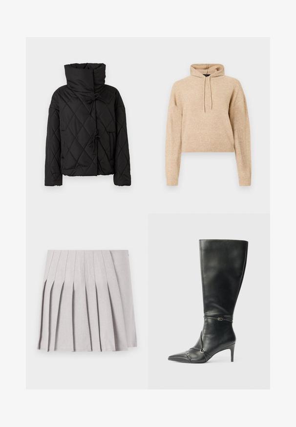 Zwarte gewatteerde pufferjack met een hoge kraag, voorzien van trekkoordsluitingen en twee voorzakken. Zachte textuur en oversized pasvorm.; Beige cropped gebreid hoodie met lange mouwen en een capuchon met trekkoord, weergegeven op een witte achtergrond.; Grijze geplooide rok met een soepele textuur, voorzien van meerdere verticale plooien en een aansluitende taille. Gemaakt van lichte stof.; Zwarte leren kniehoge laarzen met een slanke hak, puntige neus en banddetail bij de enkel. Gladde textuur en aansluitend ontwerp.