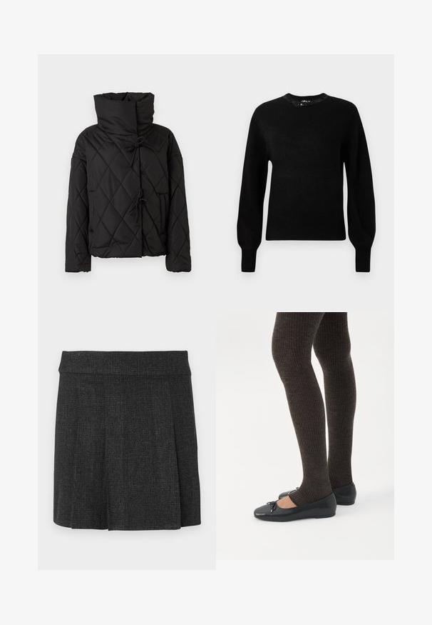 Chaqueta de plumas acolchada negra con un alto cuello, que presenta cierres ajustables y dos bolsillos frontales. Textura suave y ajuste oversize.; Suéter negro de punto con cuello redondo, mangas largas y puños acanalados. Presenta cuentas decorativas alrededor del cuello.; Falda negra con pliegues hecha de tejido texturizado. Cintura de altura media con líneas limpias. Corte clásico adecuado para diversas ocasiones.; Piernas con leggings oscuros acanalados combinados con bailarinas negras que presentan pequeños detalles de lazo sobre un fondo blanco.