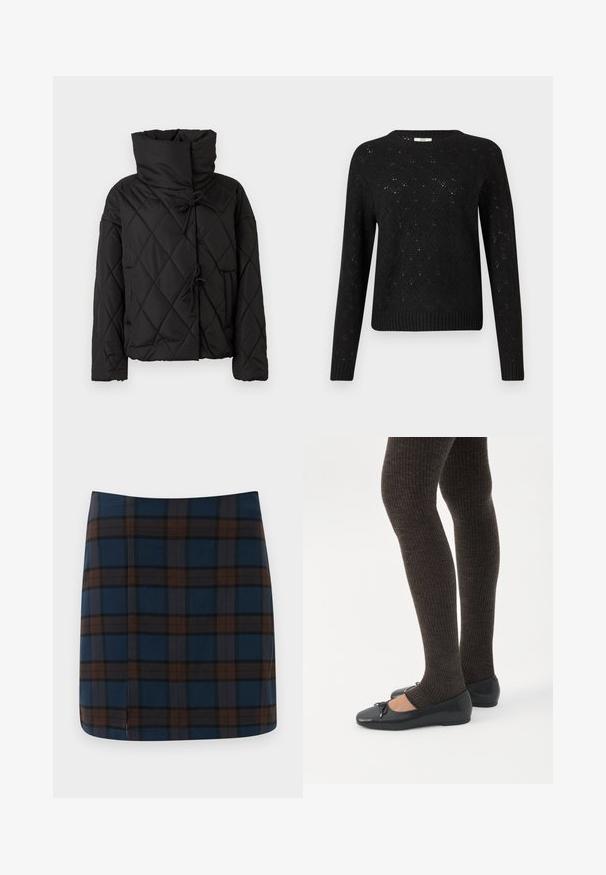 Sort quiltet pufferjakke med høj krave, featuring snorelukninger og to forsidelommer. Blød tekstur og oversized pasform.; Sort strikket sweater med diamantmønster, ribbet kant og lange ærmer. Fremstillet af let materiale med rund halsudskæring.; Marineblåternet mini nederdel med brune og grå striber, lavet af et glat stof, med en diskret slids bagpå for let bevægelse.; Ben iført mørke ribbede leggings kombineret med sorte balletsko med små sløjfedetaljer på hvid baggrund.