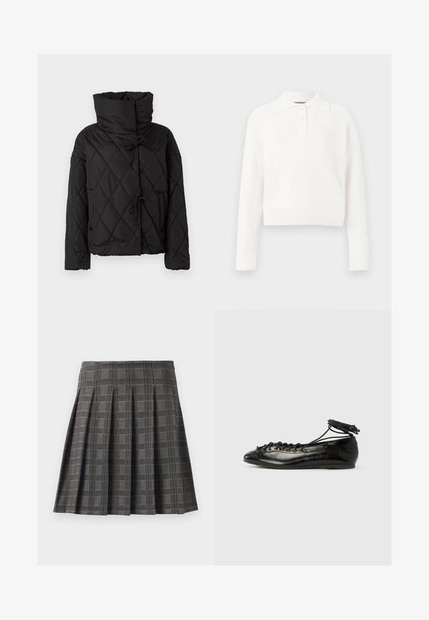 Sort quiltet pufferjakke med høj krave, featuring snorelukninger og to forsidelommer. Blød tekstur og oversized pasform.; Hvid ribbede strikket langærmet polo-sweater med krave og treknap lukning, der har et cropped design og blød tekstur.; Plisseret nederdel i et gråt ternet mønster, lavet af et tekstureret stof. Har lodrette pliser og en lige kant.; Sorte balletflade sko i laklæder med rundet tå, snørelukning og flad sål. Glat tekstur med få detaljer.