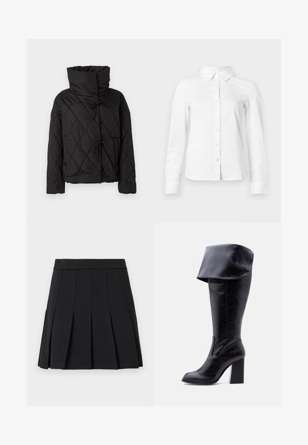 Chaqueta de plumas acolchada negra con un alto cuello, que presenta cierres ajustables y dos bolsillos frontales. Textura suave y ajuste oversize.; Camisa blanca de manga larga con botones, cuello puntiagudo, bajo recto y silueta ajustada, presentada sobre un fondo claro y liso.; Falda negra plisada hecha de un material liso. Cuenta con una cinturilla ancha y múltiples pliegues tipo cuchillo que se extienden verticalmente.; Bota alta negra de cuero con tacón, puño doblado y punta redonda, de pie sobre un fondo blanco.