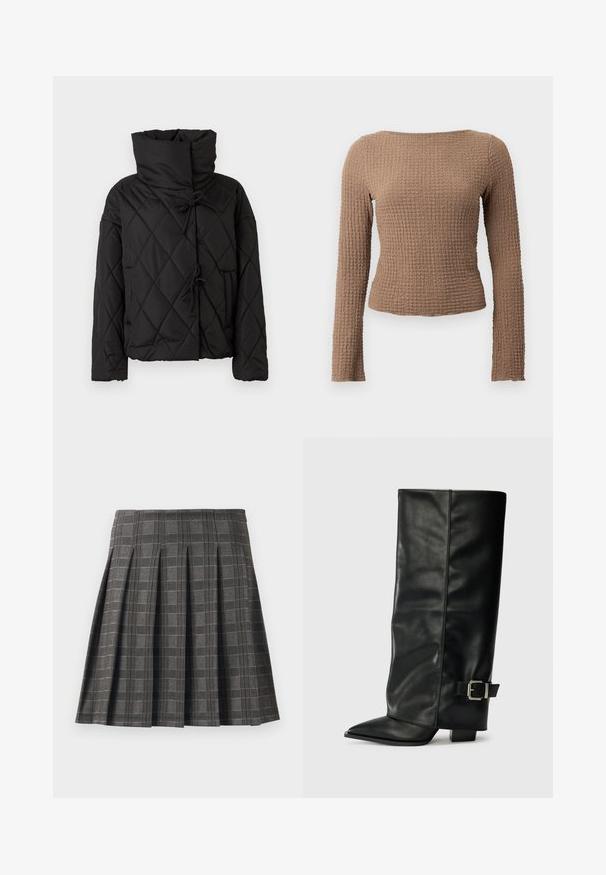 Sort quiltet pufferjakke med høj krave, featuring snorelukninger og to forsidelommer. Blød tekstur og oversized pasform.; Brun tekstureret langærmet fitted top med bådhals og et subtilt vaffelmønster.; Plisseret nederdel i et gråt ternet mønster, lavet af et tekstureret stof. Har lodrette pliser og en lige kant.; Sorte læder ankelstøvler i ankellængde med spids tå, glat tekstur og en sølvspændeaccents på siden. Kraftig firkantet hæl.