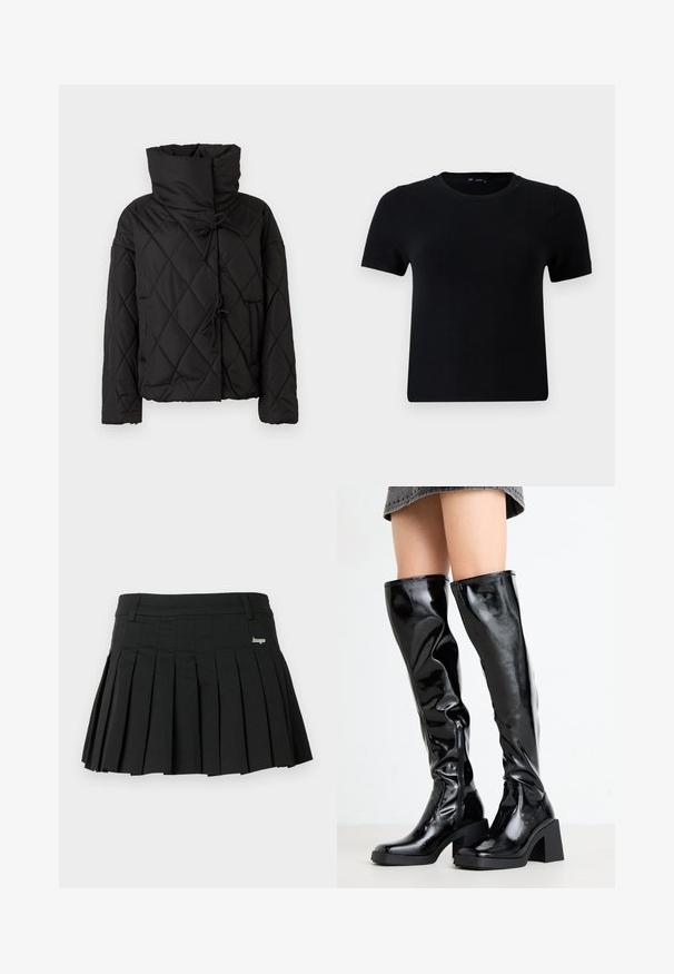 Schwarze gesteppte Pufferjacke mit hohem Kragen, ausgestattet mit Kordelzugverschlüssen und zwei Fronttaschen. Weicher Textil und oversized Schnitt.; Schwarzes T-Shirt mit kurzen Ärmeln und rundem Halsausschnitt, gefertigt aus weichem Stoff. Besitzt eine klassische Passform und ein sauberes, simples Design.; Schwarzer plissierter Rock aus leichtem Stoff, mit einem flachen Bund und einem kleinen metallischen Logo auf der Vorderseite links.; Schwarze, glänzende kniehohe Stiefel mit eckiger Spitze und blockiertem Absatz. Mit einem seitlichen Reißverschluss und einem taillierten, strukturierten Design.