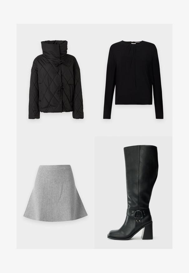 Schwarze gesteppte Pufferjacke mit hohem Kragen, ausgestattet mit Kordelzugverschlüssen und zwei Fronttaschen. Weicher Textil und oversized Schnitt.; Schwarzes Langarmshirt mit geripptem Material, rundem Halsausschnitt und plisseeartigen Details an der Vorderseite, das eine lockere Passform bietet.; Grauer, gestrickter, ausgestellter Rock mit texturierter Oberfläche. Hat einen Taillenbund und eine glatte Silhouette, die zum Saum hin schmaler wird.; Knöchelhöhe schwarze Lederstiefel mit quadratischer Spitze, breitem Absatz und einem dekorativen Riemen mit metallischen Akzenten um den Knöchel. Glatte Textur.