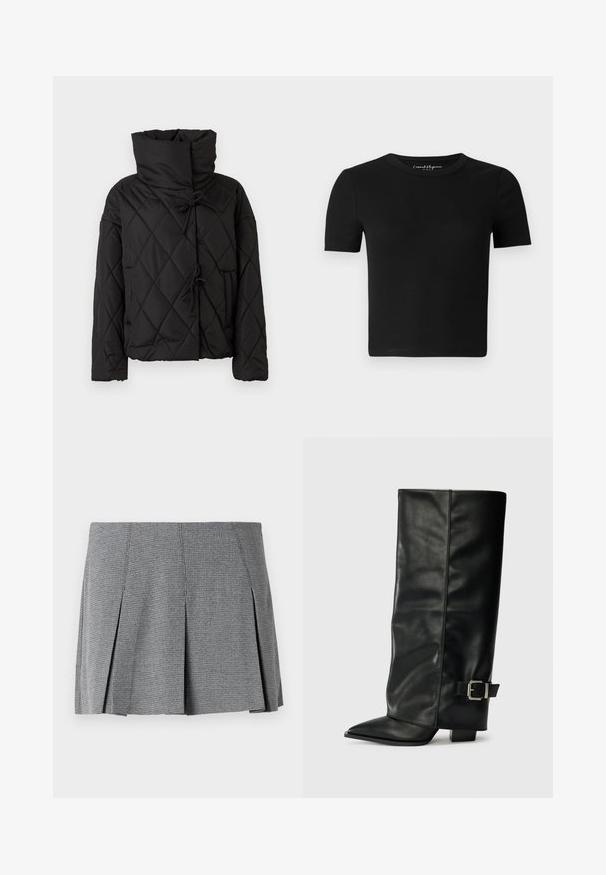 Chaqueta de plumas acolchada negra con un alto cuello, que presenta cierres ajustables y dos bolsillos frontales. Textura suave y ajuste oversize.; Camiseta ajustada negra con mangas cortas, textura acanalada y cuello redondo. Diseño simple, sin logotipos visibles ni adornos.; Falda mini plisada gris fabricada en tejido texturizado, con un patrón de cuadros y un corte recto que presenta detalles de abertura lateral.; Botas de cuero negro hasta el tobillo con punta afilada, textura suave y un detalle de hebilla plateada en el lado. Tacón cuadrado grueso.