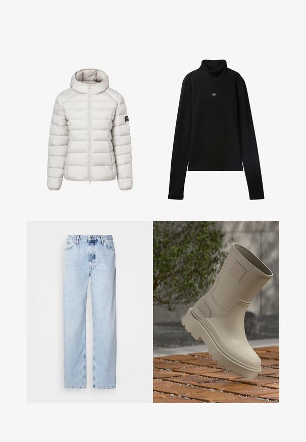 Veste matelassée grise claire avec capuche, en tissu tissé, conception matelassée horizontale et fermeture éclair frontale. Comprend un logo sur la manche.; Haut noir à col roulé côtelé à manches longues avec petit patch carré du logo Calvin Klein centré sur la poitrine.; Jeans large bleus clairs en denim, avec une taille haute, un lavage décoloré et un motif tie-dye subtil à l'avant.; Botte en caoutchouc beige Calvin Klein avec une semelle épaisse, flottant au-dessus d'un sol en bois et cailloux, avec une plante floue en arrière-plan.