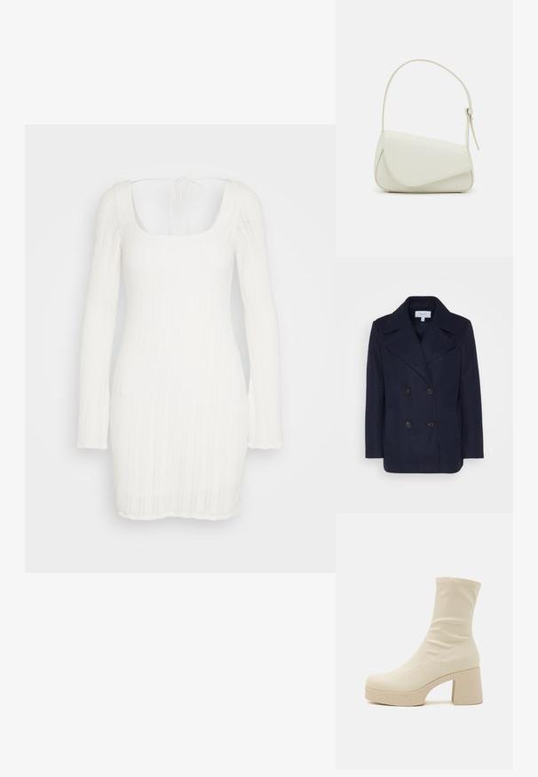 Tumes villane topeltkangelane mantel suurte sisselõigates kraedega, kahe ees oleva taskuga ja mustade nupukestega. Sile tekstuur, struktureeritud lõige.; Hollister Co. SHORT DRESS - Päevakleit - antique white; Beežid küboot, mis on valmistatud siledast sünteetilisest materjalist, omab keha järgivat siluetti, jämedat tekstuuriga kontsa ja platvormpõhja.; Valge kunstnahast käekott, millel on struktureeritud kolmnurkne kuju, üks reguleeritav rihm ja kõverjooneline klapp.