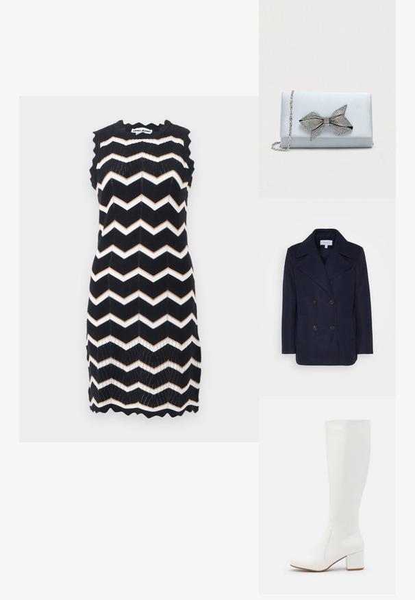 Marineblå uld dobbeltbrystet frakke med store klappede revers, to forlommer og sorte knapper. Glat tekstur, struktureret pasform.; Ærmeløs sort strikket kjole med hvide og beige zigzag-striber, bølgede kanter og DKNY Jeans-mærke ved nakken.; Hvide knæhøje støvler med en glat, blank finish. Firkantet blokhæl og diskret syningsdetalje langs siden.; Lyseblå satin clutch med sølv kædetras og stor rhinesten-beklædt sløjfe dekoration på frontklappen.