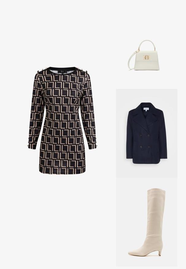Marineblå uld dobbeltbrystet frakke med store klappede revers, to forlommer og sorte knapper. Glat tekstur, struktureret pasform.; Langærmet sort kjole med beige geometrisk firkantet mønster og dekorative knapper på skuldre og manchetter, figursyet silhuet.; RAID LAYLA - Høje støvler/ Støvler - off white; Lille hvid håndtaske med topgreb, aftagelig skulderrem og guld rektangulært spænde på frontklap.