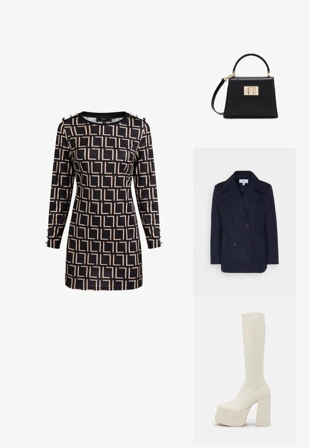 Marineblå uld dobbeltbrystet frakke med store klappede revers, to forlommer og sorte knapper. Glat tekstur, struktureret pasform.; Langærmet sort kjole med beige geometrisk firkantet mønster og dekorative knapper på skuldre og manchetter, figursyet silhuet.; Steve Madden CYPRESS - Plateaustøvler - off white; Sort læderhåndtaske med tophåndtag, aftagelig skulderrem og gyldent rektangulært spænde på den forreste klap.