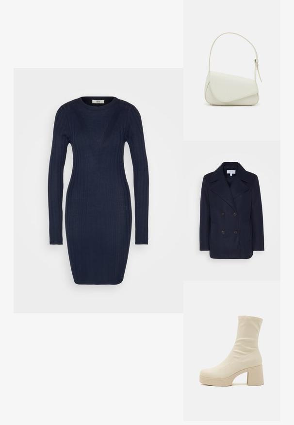 Manteau en laine navy croisé avec grands revers notés, deux poches avant et boutons noirs. Texture lisse, coupe structurée.; JDY JDYJOY O NECK SHORT DRESS - Robe fourreau - dark blue; Bottine beige en matériau synthétique lisse, avec une silhouette ajustée, un talon texturé épais et une semelle plateforme.; Sac à main en cuir synthétique blanc avec une forme triangulaire structurée, une bandoulière unique réglable et un rabat à courbes accentuées.