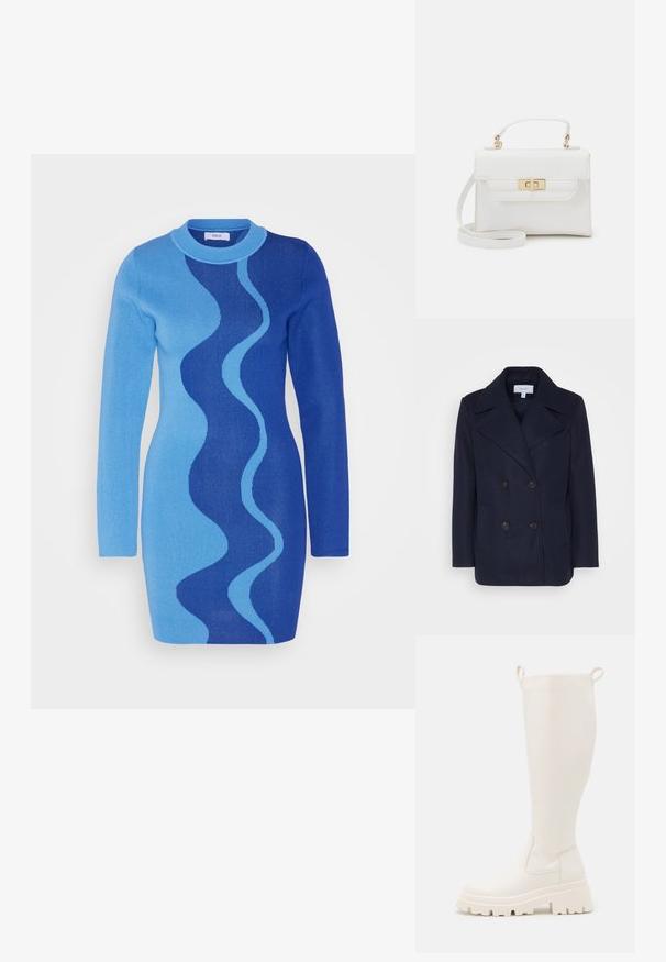 Marineblauer Woll-Doppelreiher mit großen Reverskragen, zwei vorderen Taschen und schwarzen Knöpfen. Glatte Textur, strukturierte Passform.; Envii IDA DRESS - Strickkleid - blue; Knöchelhohe weiße Gummistiefel mit einer robusten Sohle und elastischen seitlichen Einsätzen. Verfügt über Zuglaschen an der Oberseite für leichteres Anziehen. Glatte Textur.; Call it Spring BULLETPROOFF - Handtasche - white synthetic smooth