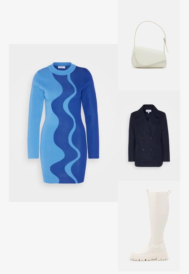 Marineblauer Woll-Doppelreiher mit großen Reverskragen, zwei vorderen Taschen und schwarzen Knöpfen. Glatte Textur, strukturierte Passform.; Envii IDA DRESS - Strickkleid - blue; Knöchelhohe weiße Gummistiefel mit einer robusten Sohle und elastischen seitlichen Einsätzen. Verfügt über Zuglaschen an der Oberseite für leichteres Anziehen. Glatte Textur.; Weiße Kunstleder-Handtasche mit einer strukturierten dreieckigen Form, einem verstellbaren Einzelgurt und einem Klappenverschluss mit geschwungenen Akzenten.