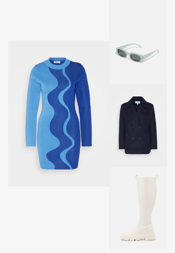 Marineblå uld dobbeltbrystet frakke med store klappede revers, to forlommer og sorte knapper. Glat tekstur, struktureret pasform.; Envii IDA DRESS - Strikkjoler - blue; Knælange hvide gummistøvler med en solid sål og elastiske paneler på siden. Har træksløjfer øverst for nemmere påklædning. Glat overflade.; Et par rektangulære solbriller med lyseblå gennemsigtige stel og mørkegrå linser, der har lige templer og minimale hardware detaljer.