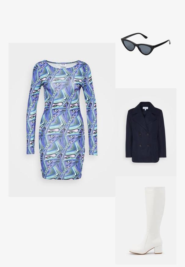 Tumes villane topeltkangelane mantel suurte sisselõigates kraedega, kahe ees oleva taskuga ja mustade nupukestega. Sile tekstuur, struktureeritud lõige.; Noisy May NMDOLORES SHORT DRESS - Päevakleit - deep blue; Valged kuni põlve ulatuvad saapad siledast, läikivast materjalist. Ruudukujuline plokk-konts ja peened õmblusdetailid külgedel.; Mustad musta kassi silmadega päikeseprillid tumedate hallide läätsedega, stiilne plastraam, teravad nurgad ja sirged kaared. Nähtavad metallist osad või aksessuaarid puuduvad.