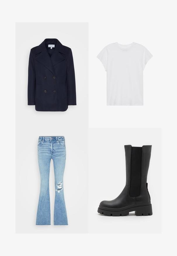 Marineblå uld dobbeltbrystet frakke med store klappede revers, to forlommer og sorte knapper. Glat tekstur, struktureret pasform.; Hvid kortærmet t-shirt med rund hals, afslappet pasform, lavet af blødt bomuldsstof. Glat tekstur, ingen mønstre eller logoer.; American Eagle SUPER HIGH RISE - Flared jeans - authentic light; ONLY SHOES ONLDOJA - Plateaustøvler - black
