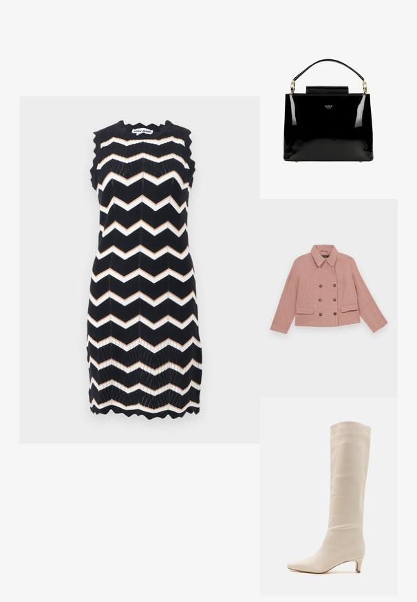 Rosa dobbeltbrystet jakke lavet af tekstureret stof, med krave, to forlommer og brune knapdetaljer.; Ærmeløs sort strikket kjole med hvide og beige zigzag-striber, bølgede kanter og DKNY Jeans-mærke ved nakken.; RAID LAYLA - Høje støvler/ Støvler - off white; Sorte patentlæder håndtaske med et struktureret design, der har et top håndtag, guld hardware detaljer og en lille frontklap.