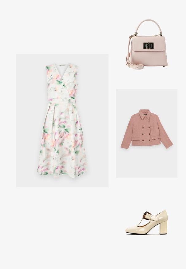 Roze dubbelgebreide jas van textuurstof, met een kraag, twee voorzakken en bruine knopen als accent.; Mouwloze witte midi-jurk met pastel aquarel bloemenprint, V-hals wikkelbodysuit, getailleerde taille en geplooide rok.; Beige gepatineerde leren hoge hak schoen met een ronde neus, uitsnijdetail en een tortoise-shell gespaccent. Beschikt over een blokhak.; Kleine lichtroze leren handtas met bovenhandgreep, afneembare schouderband en goudkleurige rechthoekige sluiting op de voorklep.
