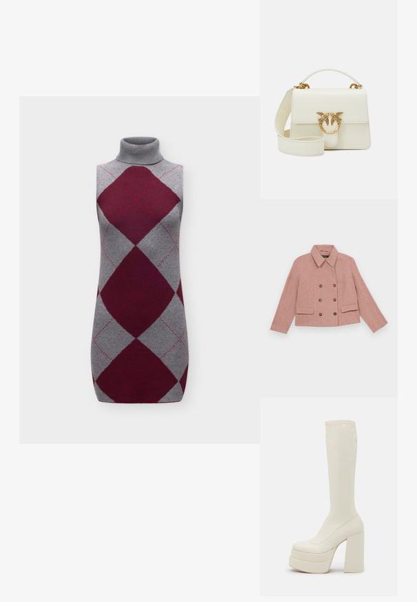 Rosa, doppelt geknöpfter Blazer aus strukturiertem Stoff mit Kragen, zwei vorderen Taschen und braunen Knopfakzenten.; Ärmelloses graues Rollkragen-Strickkleid mit großen bordeauxfarbenen Rautenmuster und subtilen rosa Steppnähten.; Steve Madden CYPRESS - Plateaustiefel - off white; Weiße Lederhandtasche mit strukturierter Form; verfügt über einen goldfarbenen ovalen Hardwareakzent mit Vogelmotiven und einem abnehmbaren Schultergurt.