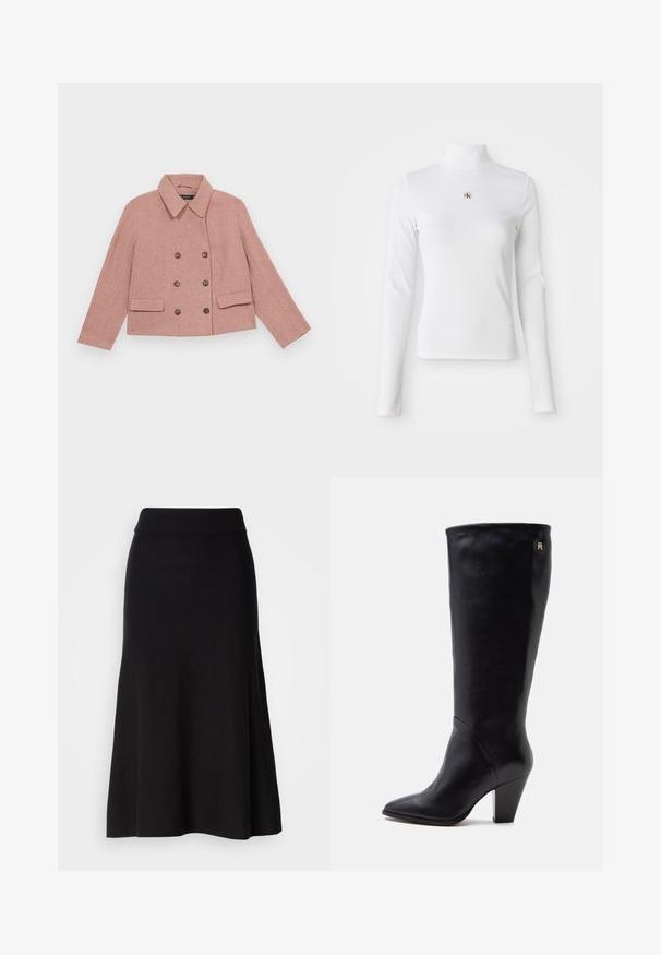 Roze dubbelgebreide jas van textuurstof, met een kraag, twee voorzakken en bruine knopen als accent.; Witte turtleneck met lange mouwen, gemaakt van ribbelstof. Bevat een klein geborduurd logo in het midden. Aansluitend ontwerp zonder patronen.; Zwarte gebreide uitlopende rok met een brede tailleband, midi-lengte, gladde textuur en zonder zichtbare patronen of hardwaredetails.; Hoge zwarte leren dameslaars met spitse neus, blokhak en klein goudkleurig logo vlakbij de bovenkant op een neutrale achtergrond.