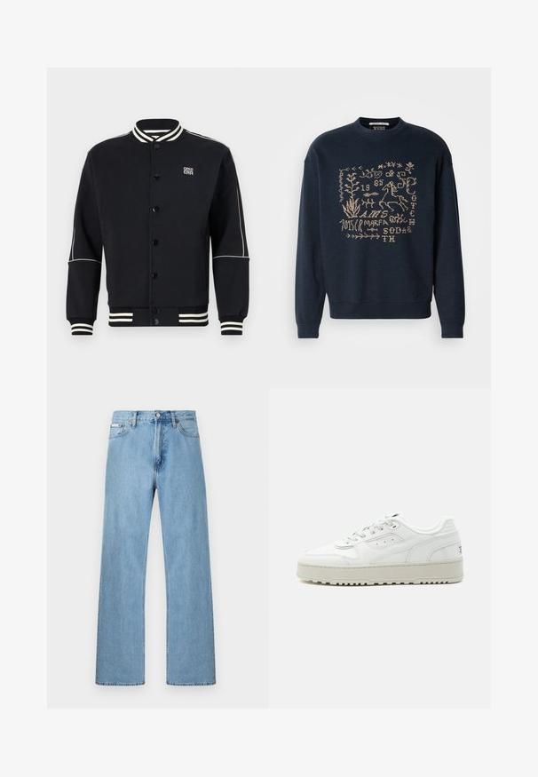 Sort sweatshirtjakke med hvidstribede ribkantede krave og manchetter. Har knaplukning og logo på øverste venstre side, lavet af blødt stof.; Marineblå sweatshirt lavet af blødt stof, med tan broderede motiver af planter og en hest. Rund hals og ribbede manchetter.; Lyseblå straight-leg jeans i denim med fem-lomme-design og knaplukning i taljen, vist mod en ensfarvet baggrund.; Hvid lavtop sneakers med tyk sål, snørre foran, perforerede detaljer og polstret krave på en ensartet lys grå baggrund.