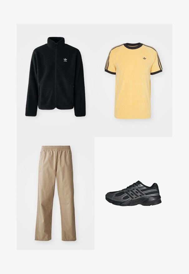 Čierna fleecová bunda s vysokým golierom, zipsom na prednej strane a prednými vreckami. Obsahuje textúrovanú tkaninu a malé biele logo na ľavej hrudi.; adidas Originals CALI TEE - Tričko s potlačou - oat; Béžové ľahké nohavice s elastickým pásom, rovnými nohavicami a bočnými vreckami. Hladká textúra s jemnými švami.; Čierne športové topánky vyrobené z pletiva a syntetických materiálov, s textúrovaným povrchom, viacerými šedými pruhmi a polstrovaným golierom.