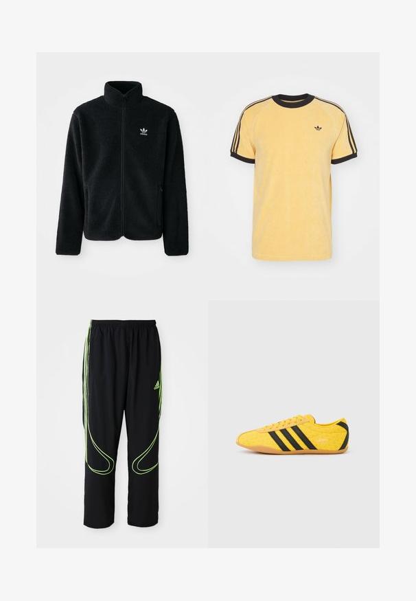 Čierna fleecová bunda s vysokým golierom, zipsom na prednej strane a prednými vreckami. Obsahuje textúrovanú tkaninu a malé biele logo na ľavej hrudi.; adidas Originals CALI TEE - Tričko s potlačou - oat; Čierne atletické nohavice Adidas s neonovo zelenými zakrivenými líniami a tromi pruhmi po stranách, elastickým pásom a logom Adidas na prednom stehne.; Žltá športová obuv s textúrovaným zvrškom, s čiernymi pruhmi a logom. Zaoblená špička, mäkká podrážka a vzor v tvare cik-cak na materiáli.