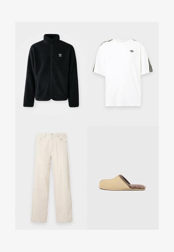 Schwarze Fleecejacke mit hohem Kragen, durchgehendem Reißverschluss und Fronttaschen. Verfügt über strukturiertes Material und ein kleines weißes Logo auf der linken Brust.; Weißes Baumwoll-T-Shirt mit kurzen Ärmeln, ausgestattet mit schwarzen drei Streifen-Akzenten an den Schultern und einem kleinen schwarzen Logo auf der Brust.; Beige weite Hosen aus strukturiertem Stoff, mit einem Knopfverschluss, Gürtelschlaufen und klassischem Taschenstil.; Beige Hausschuh zum Hineinschlüpfen mit braunem Rand und flauschigem Fellfutter, flache Sohle und geschlossene Spitze, Seitenansicht vor einfarbig hellem Hintergrund.
