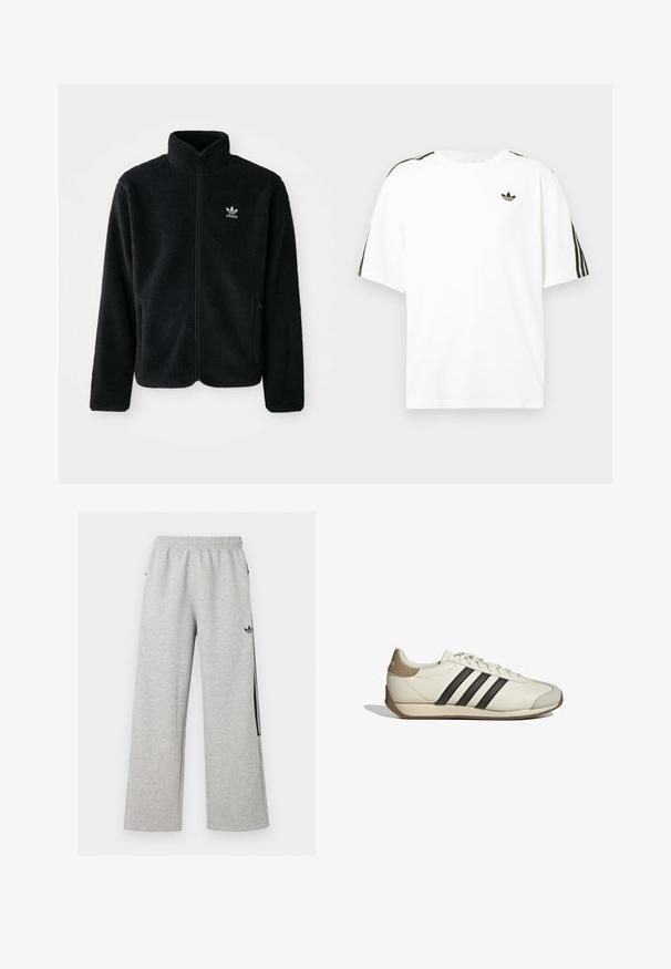 Chupa de forro polar negro con cuello alto, cierre frontal y bolsillos delanteros. Presenta tela texturizada y un pequeño logo blanco en el lado izquierdo del pecho.; Camiseta de algodón blanca con mangas cortas, presenta acentos en negro con tres rayas en los hombros y un pequeño logo negro en el pecho.; Pantalones deportivos anchos de color gris claro con cintura elástica y logo negro de Adidas trefoil en el muslo derecho.; Zapatilla deportiva de cuero blanco con tres rayas negras, una cubierta de talón beige y una puntera texturizada gris. Superficie lisa con suela de goma.