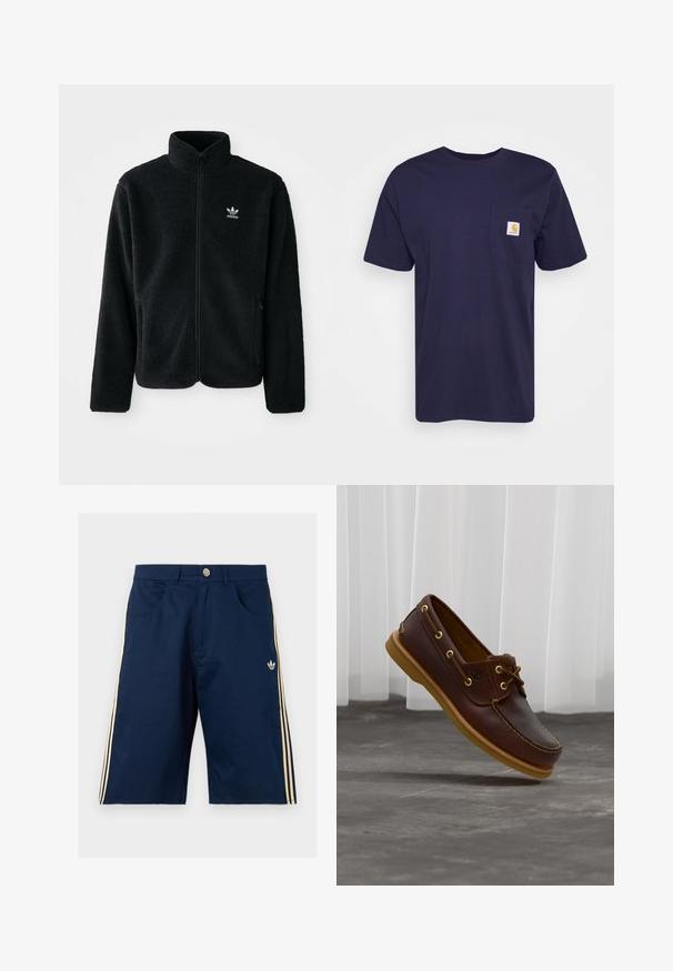 Musta fleece-takki, jossa on korkea kaulus, vetoketjusuljenta ja etutaskut. Käyttää teksturoitua kangasta ja siinä on pieni valkoinen logo vasemmassa rinnassa.; Navy blue puuvillapaita, jossa on lyhyet hihat, pyöreä kaula-aukko ja vasemmassa rinnassa tasku, jossa on keltainen ja valkoinen Carhartt-logo brodeerattuna.; Laivastonsiniset Adidas-shortsit, joissa sivuilla beigen väriset kolme raitaa, etutaskut, nappikiinnitys ja Adidas trefoil -logo oikean jalan kohdalla.; Ruskea nahkainen purjehduskengän, jossa on hiekanvärinen pohja ja nauhat, leijuu harmaan betonilattian yläpuolella, taustalla läpikuultavat valkoiset verhot.