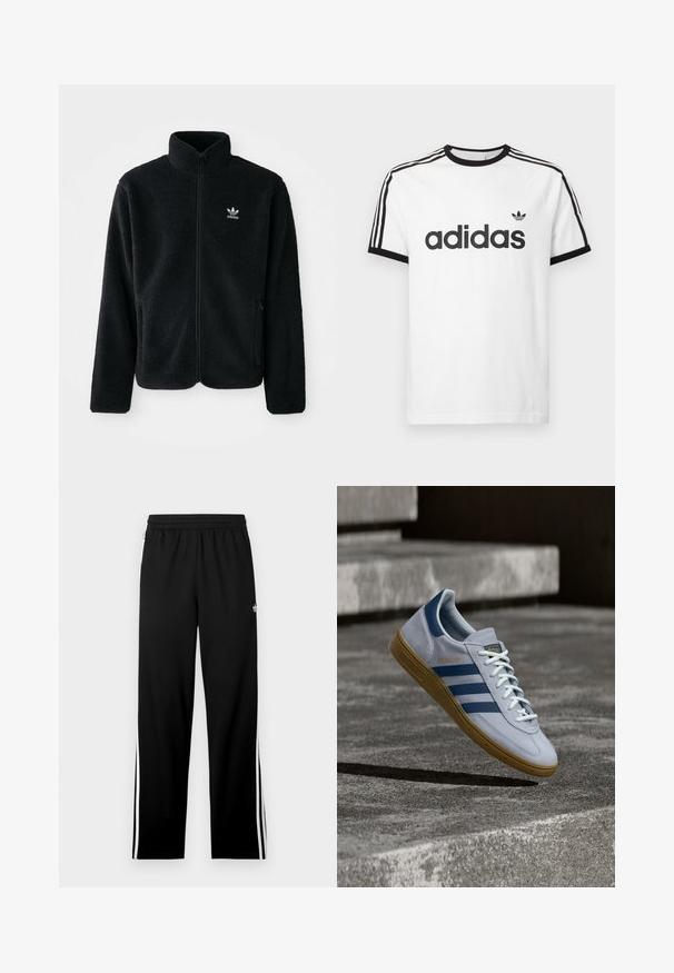 Sort fleecejakke med høj krave, lynlås foran og frontlommer. Har tekstureret stof og lille hvidt logo på venstre bryst.; Hvid bomulds t-shirt med sort rund hals og ærmer. Har sort tre-stripes design på skuldrene og stort sort "adidas" logo på fronten.; Sorte atletikbukser lavet af mesh-stof med en lige skåret pasform, elastisk taljebånd og hvide striber i siden. Sportsslogo vist.; Lyseblå Adidas Spezial sneakers med marineblå striber og gummisål, vist i luften over betontrapper i et neutralt udendørsmiljø.