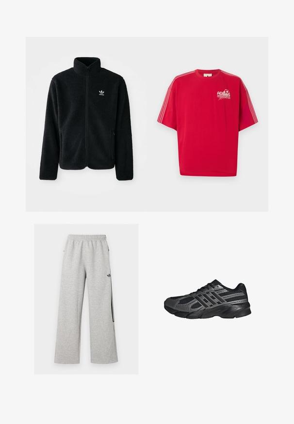 Čierna fleecová bunda s vysokým golierom, zipsom na prednej strane a prednými vreckami. Obsahuje textúrovanú tkaninu a malé biele logo na ľavej hrudi.; Červené tričko Adidas s krátkym rukávom, bielym logom a futbalovou grafikou na ľavej strane hrudníka a tromi bielymi pruhmi na každom rukáve.; Svetlošedé široké tepláky s elastickým pásom a čiernym logom Adidas trefoil na pravom stehne.; Čierne športové topánky vyrobené z pletiva a syntetických materiálov, s textúrovaným povrchom, viacerými šedými pruhmi a polstrovaným golierom.