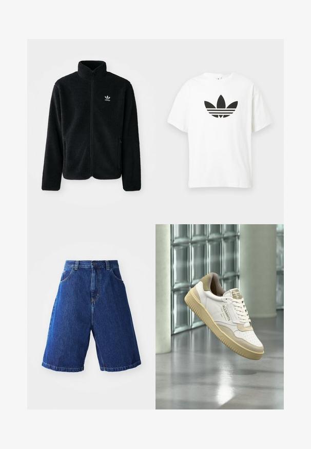 Zwarte fleece jacket met hoge kraag, ritssluiting aan de voorkant en voorzakken. Kenmerkt zich door textuurstof en een klein wit logo op de linkerborst.; Witte katoenen t-shirt met een groot zwart Adidas trefoil-logo en drie horizontale strepen eronder. Korte mouwen, ronde hals.; Denim shorts met een blauwe wassing, met een hoge taille, twee zakken aan de voorkant en gele stiksels langs de naden.; Witte en beige AllSaints sneaker die boven een reflecterende vloer zweeft met een glazen blokkenmuur en zuil op de achtergrond.