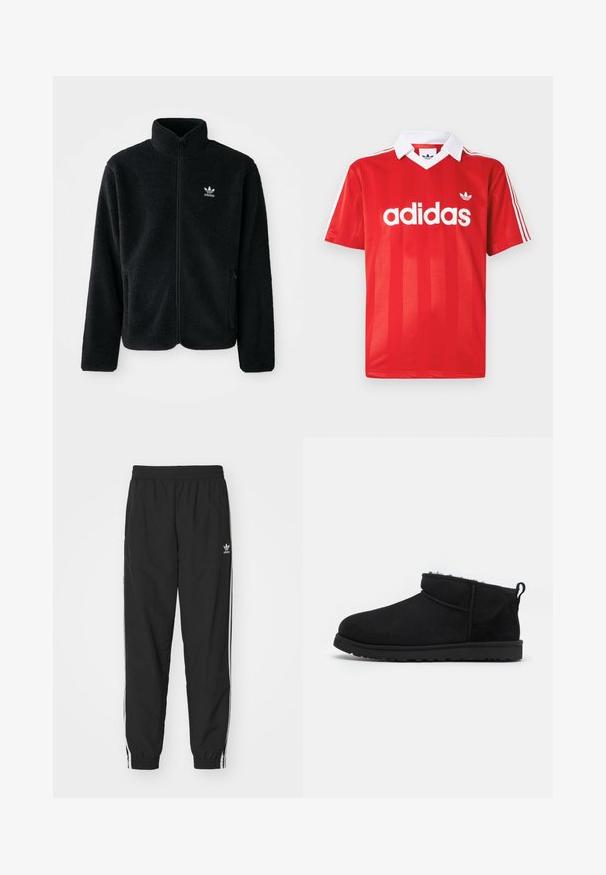 Must värviline fleecedee peasärk kõrge kraega, tõmblukuga esiosa ja esikotid. Omab tekstuuriga kangast ja väikest valget logo vasakul rinnal.; Punane Adidas spordisärk valge krae, kolme valge triibuga varrukatel ja Adidas logo rinnal keskel.; Mustad mustad treeningpüksid elastse vöökoha ja pahkluude krael, millel on valged külje triibud ja väike valge Adidas logo vasakul puusal.; Mustad nahkkingad pehme tekstuuriga voodriga, madala profiiliga kummitald ja tagaküljel tõmblukk mugavaks selga panemiseks.