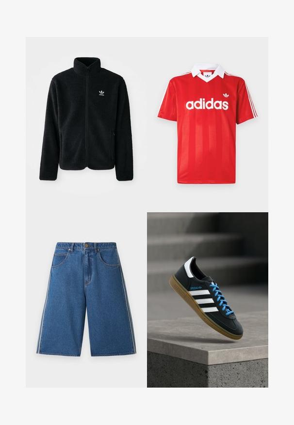 Sort fleecejakke med høj krave, lynlås foran og frontlommer. Har tekstureret stof og lille hvidt logo på venstre bryst.; Rød Adidas sportstrøje med hvid krave, tre hvide striber på ærmerne og Adidas-logo centreret på brystet.; Blå denim knælange shorts med forlommer, knaplukning, bæltestropper og hvide sidelister på hvert ben.; Sort Adidas sneaker med hvide striber, blå snørebånd og gummisål, der svæver over gråt betontrin i blødt lys.