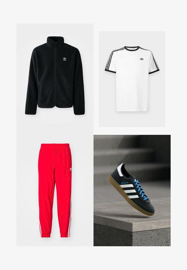 Sort fleecejakke med høj krave, lynlås foran og frontlommer. Har tekstureret stof og lille hvidt logo på venstre bryst.; Hvid bomulds t-shirt med sort ribkant ved hals og ærmer, med tre sorte striber på hver skulder og et lille logo på brystet.; Røde sportstræningsbukser med elastisk talje, hvide stribede detaljer langs siderne og et lille hvidt logo på venstre lår.; Sort Adidas sneaker med hvide striber, blå snørebånd og gummisål, der svæver over gråt betontrin i blødt lys.