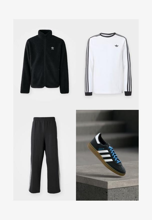 Schwarze Fleecejacke mit hohem Kragen, durchgehendem Reißverschluss und Fronttaschen. Verfügt über strukturiertes Material und ein kleines weißes Logo auf der linken Brust.; Weißes Adidas-Langarmshirt mit schwarzem Rundhalsausschnitt, schwarzen Bündchen, drei schwarzen Streifen an den Ärmeln und schwarzem Trefoil-Logo auf der Brust.; Schwarze Jogginghose mit elastischem Bund, ausgestattet mit weißen seitlichen Streifen und einem lässigen Schnitt. Hergestellt aus weichem, dehnbarem Stoff.; Schwarzer Adidas-Sneaker mit weißen Streifen, blauen Schnürsenkeln und Gummisohle, der über einer grauen Betontreppe im weichen Licht schwebt.