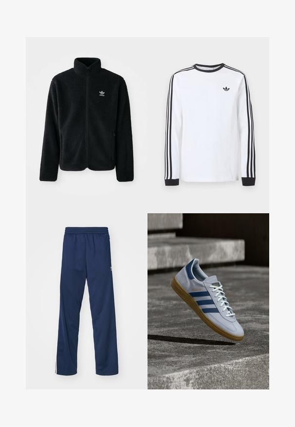 Chupa de forro polar negro con cuello alto, cierre frontal y bolsillos delanteros. Presenta tela texturizada y un pequeño logo blanco en el lado izquierdo del pecho.; Camiseta blanca de manga larga de Adidas con cuello redondo negro, puños negros, tres rayas negras a lo largo de las mangas y logo negro de trébol en el pecho.; Pantalones deportivos azul marino con cinturilla elástica, con franjas laterales blancas y un logotipo en el muslo izquierdo.; Zapatilla Adidas Spezial azul claro con rayas azul marino y suela de goma, mostrada en el aire sobre escalones de hormigón en un entorno exterior neutral.
