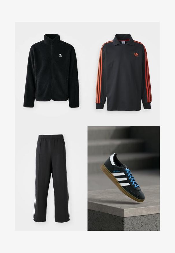 Zwarte fleece jacket met hoge kraag, ritssluiting aan de voorkant en voorzakken. Kenmerkt zich door textuurstof en een klein wit logo op de linkerborst.; Zwarte polo met lange mouwen en een kraag, voorzien van rode strepen op de mouwen en een klein rood logo op de borst. Glad textuur van de stof.; Zwarte trainingsbroek met een elastische tailleband, voorzien van witte zijstrepen en een relaxte pasvorm. Gemaakt van zachte, rekbare stof.; Zwarte Adidas-sneaker met witte strepen, blauwe veters en een gumzool die boven een grijze betonnen trede zweeft in zacht licht.