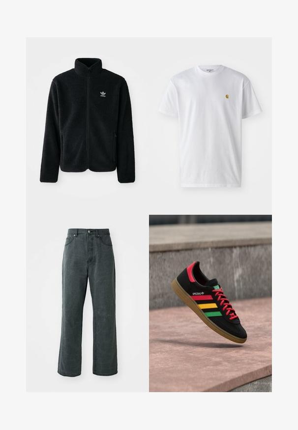 Zwarte fleece jacket met hoge kraag, ritssluiting aan de voorkant en voorzakken. Kenmerkt zich door textuurstof en een klein wit logo op de linkerborst.; Witte katoenen t-shirt met korte mouwen en ronde hals, voorzien van een klein gouden logo op de linkerkant van de borst. Zachte textuur en een normale pasvorm.; Wijdvallende donkergrijze spijkerbroek van denim, met een hoge taille, vijf-pocket ontwerp en een subtiele versleten textuur.; Zwarte Adidas Spezial sneaker met rode, gele en groene strepen, rode veters, gumzool en een rode hieldetail, zwevend boven het trottoir.