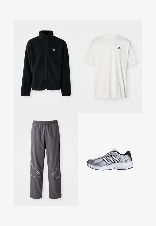 Zwarte fleece jacket met hoge kraag, ritssluiting aan de voorkant en voorzakken. Kenmerkt zich door textuurstof en een klein wit logo op de linkerborst.; Witte katoenen t-shirt met korte mouwen, ronde hals en een klein zwart Adidas-logo op de linkerzijde van de borst. Zachte textuur, casual pasvorm.; Heren grijze sportbroeken met een elastische tailleband, ritssloten en reflecterende witte accenten aan de zijkanten. Lichtgewicht, zachte textuur.; Mesh sportieve schoenen in wit en zilver, met zwarte accenten, drie witte streeplogo, gevoerde kraag en een gestructureerde rubberen zool.
